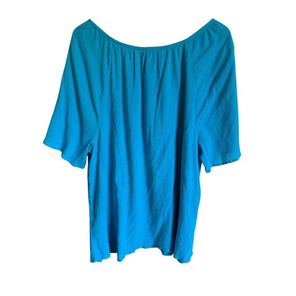 Catherines 2X Blue Gauzy Brushed Cotton V-Neck Short Sleeve Top - Picture 2 of 5